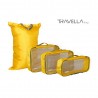 Yellow travel luggage & home organising packing cubes and a Jumbo/laundry bag