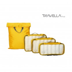 Yellow travel luggage & home organising packing cubes and a Jumbo/laundry bag