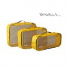 Yellow travel luggage & home organising packing cubes and a Jumbo/laundry bag