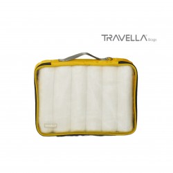 Yellow travel luggage & home organising packing cubes and a Jumbo/laundry bag