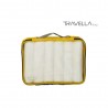 Yellow travel luggage & home organising packing cubes and a Jumbo/laundry bag