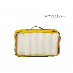 Yellow travel luggage & home organising packing cubes and a Jumbo/laundry bag