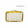 Yellow travel luggage & home organising packing cubes and a Jumbo/laundry bag